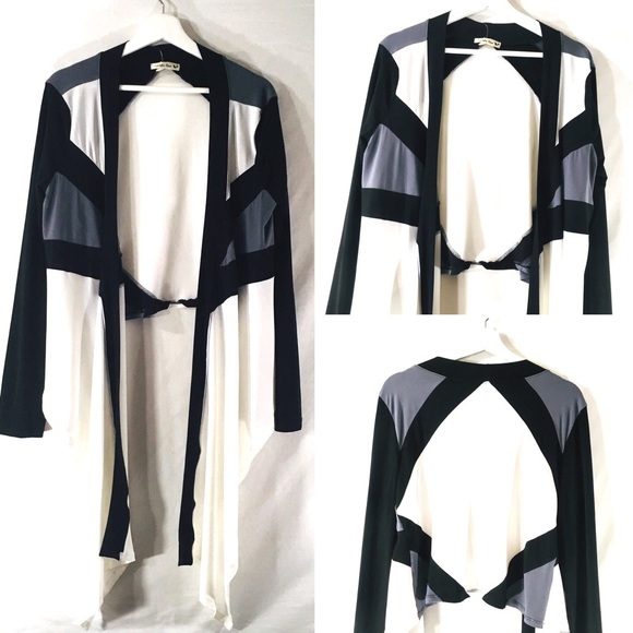 DOUBLE ZERO Color Block Cardigan Ivory Black Gray - Picture 3 of 4